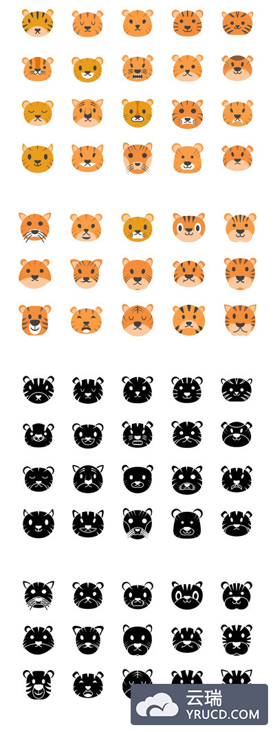 可爱的老虎矢量图标下载 35 Cute Tiger Faces Vector Icons