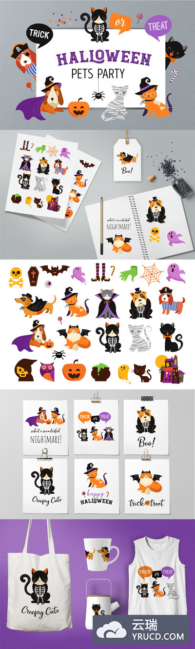 万圣节宠物插画 Halloween Pets Party collection
