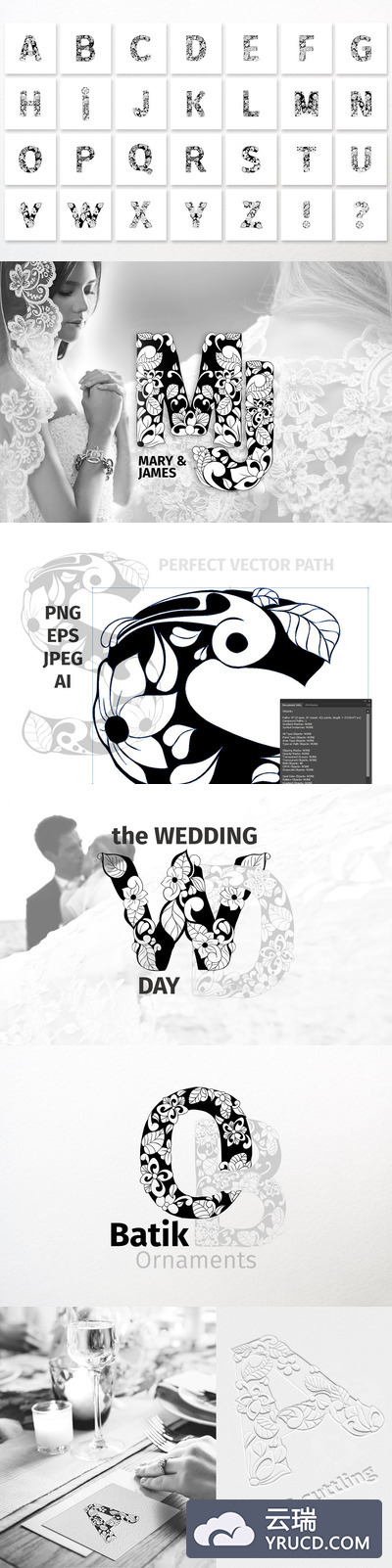 蜡染装饰字母插画婚礼设计素材