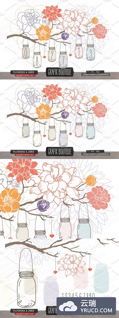 栀子花牡丹花插画 Hanging jars gardenia peony