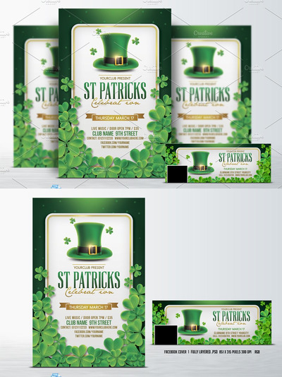 圣帕特里克节节日海报模板 St. Patricks Day Flyer & FB Cover