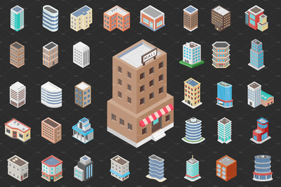 2.5D.建筑矢量插画 50 Isometric Building Icons