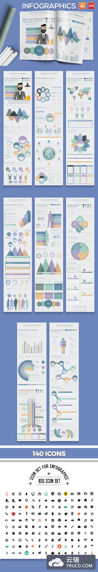 大数据和数据可视化多图表信息矢量图形企业宣传册素材模板下载[Ai]