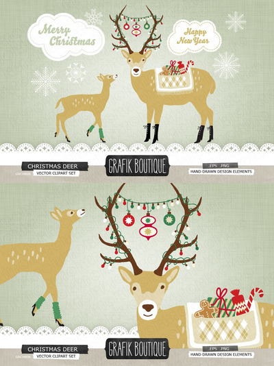 圣诞节鹿元素插画 Christmas Deer Roe decorated antlers