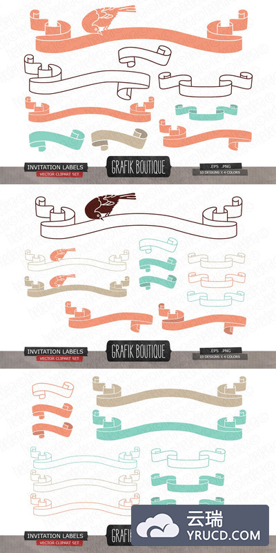 经典邀请函元素插画 Vintage invitation labels ribbons