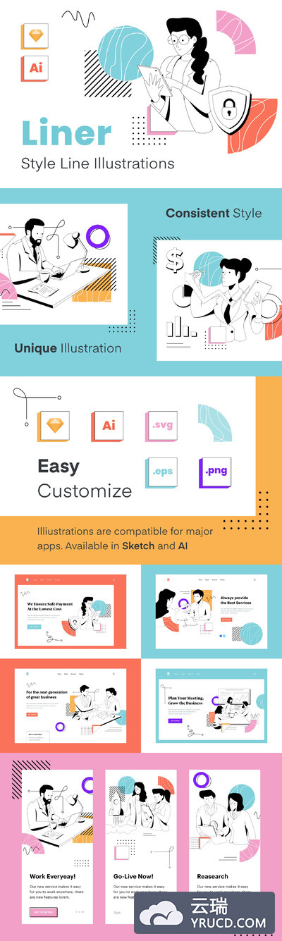 插画 | 独特矢量几何扁平化线性Line Style Illustration办公室环境人物插图集banner