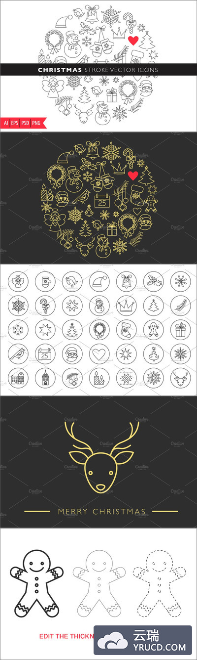 圣诞节元素图标素材 Christmas Stroke Icons set