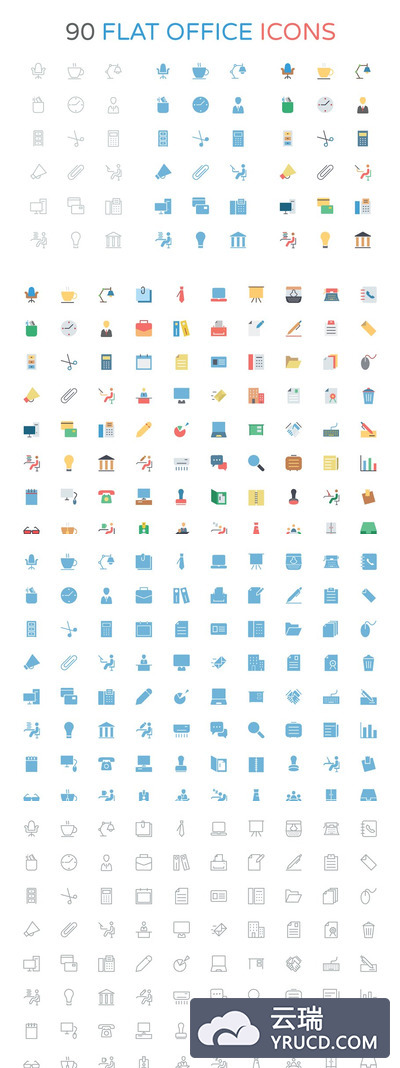 平面办公室图标素材 90 Flat Office Icons