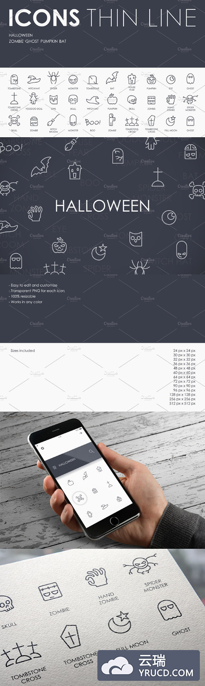 万圣节矢量图标下载 Halloween thinline icons
