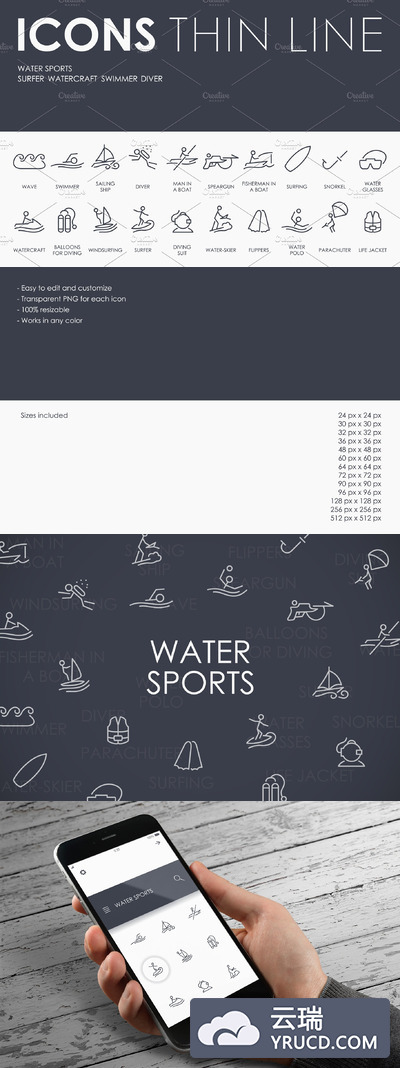 运动矢量图标素材 Water Sports thinline icons