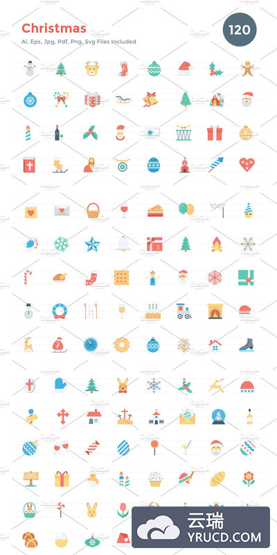 圣诞节元素图标下载 120 Flat Christmas Vector Icons