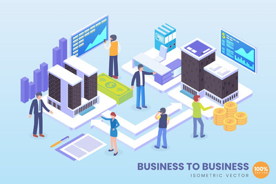 时尚高端3D立体2.5D等轴等距对企业传染媒介概念的等量事务banner着陆页插画海报设计模板