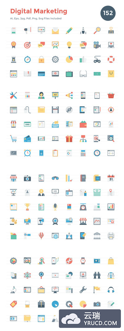 市场营销图标素材 150+ Flat Digital Marketing Icons