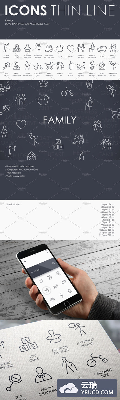 家庭主题图标素材 Family thinline icons