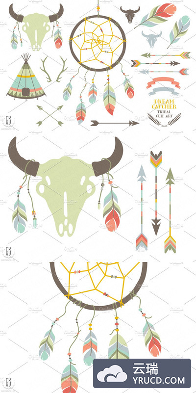 部落图案插画 Dream catcher, bison skull, feathers