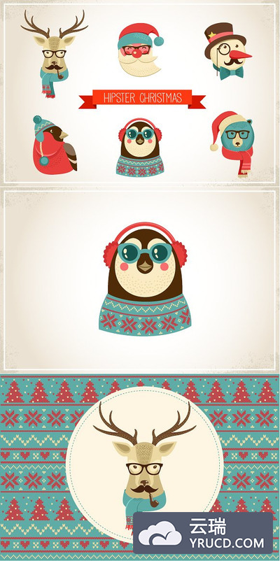 复古圣诞节动物图标 Vintage Hipster Christmas animals