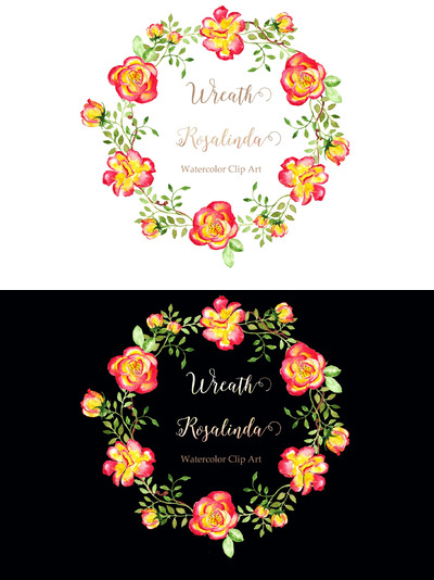 花卉矢量水彩剪贴画 Wreath Rosalinda Watercolor clipart