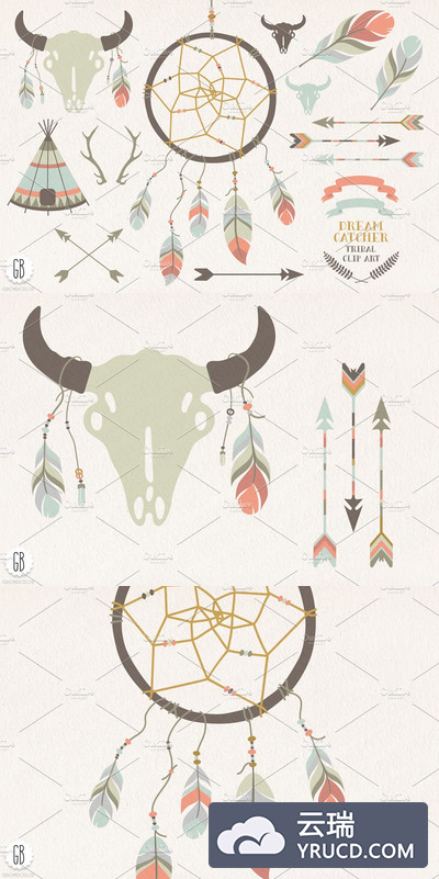 部落元素图案插画 Dream catcher, buffalo skull, arrows