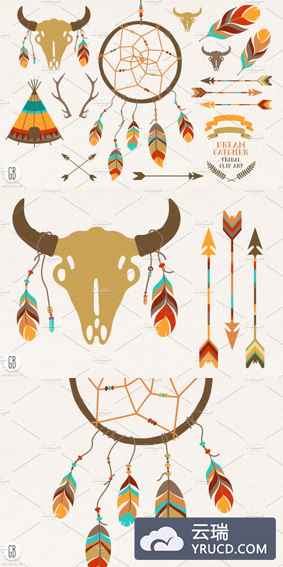 部落图腾插画 Dream catcher, buffalo skull, arrows