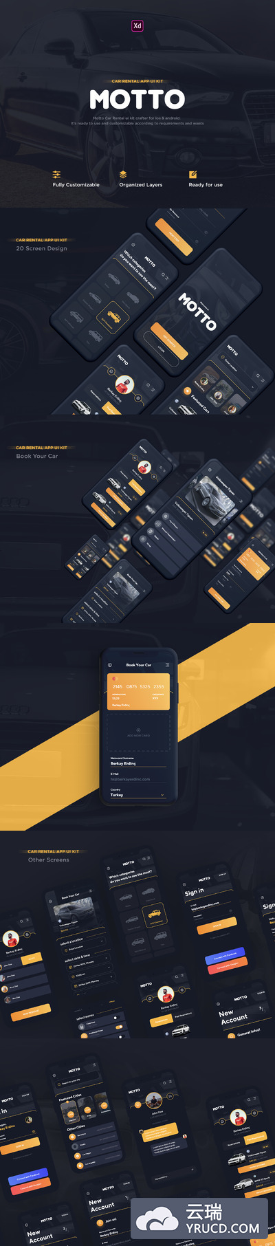 iOS版酷炫的租车卖车APP UI KIT套装模板下载[XD]