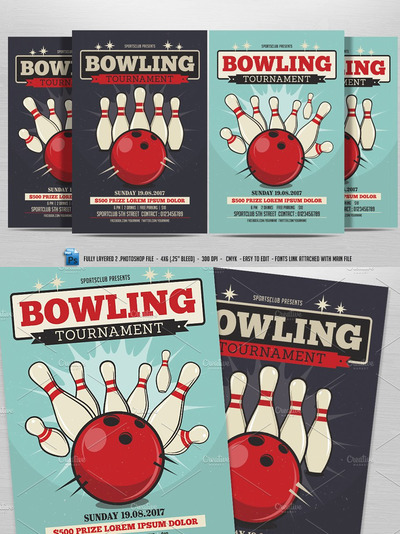 经典保龄球锦标赛传单模板 Bowling Tournament Flyer