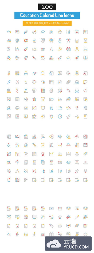 教育彩色线条图标素材 200 Education Colored Line Icons