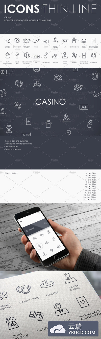 游戏矢量图标素材 Casino thinline icons