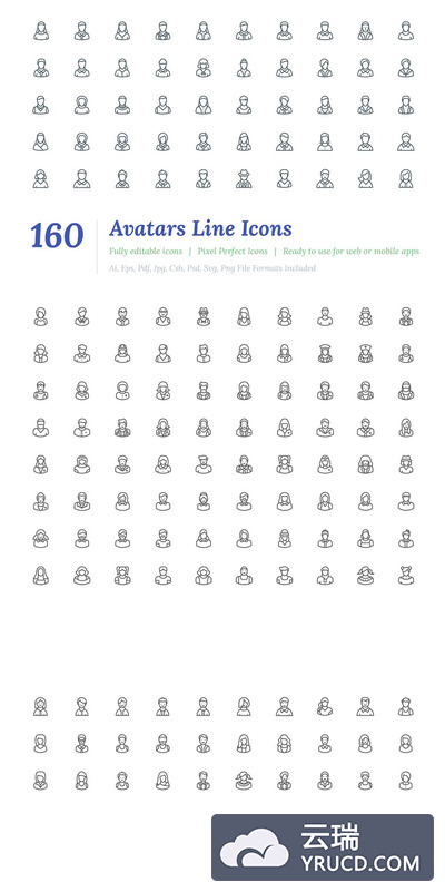 虚拟形象矢量图标素材 160 Avatars Line Icons