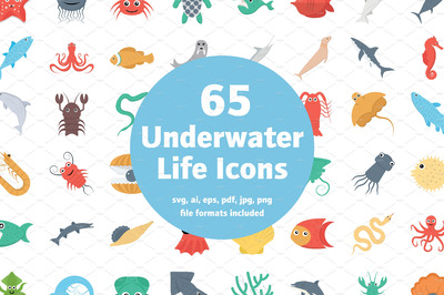 水下生活矢量图标下载 65 Flat Underwater Life Icons