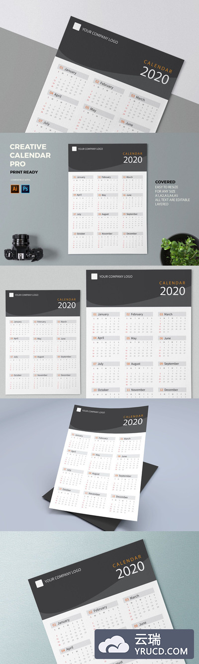 最新的2020新年日历台历设计模板（AI&PS）