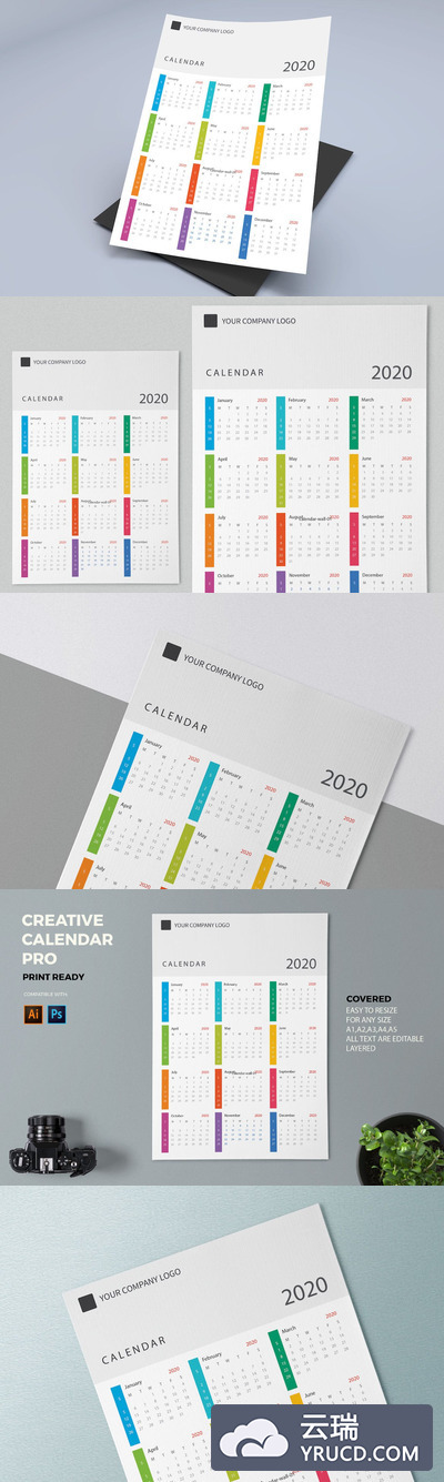 时尚简约最新的2020新年日历台历设计模板