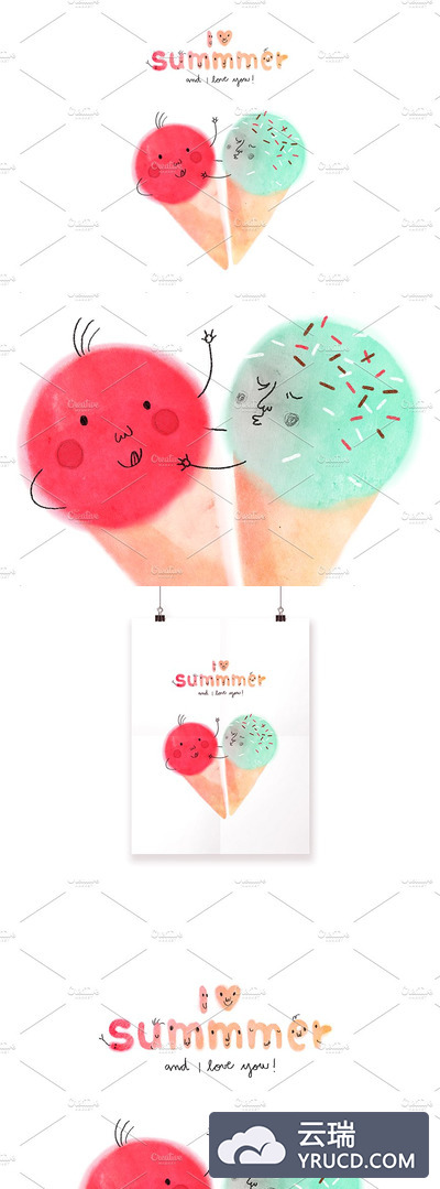 夏季冰淇淋插画 I love Summmer handrawn illustration