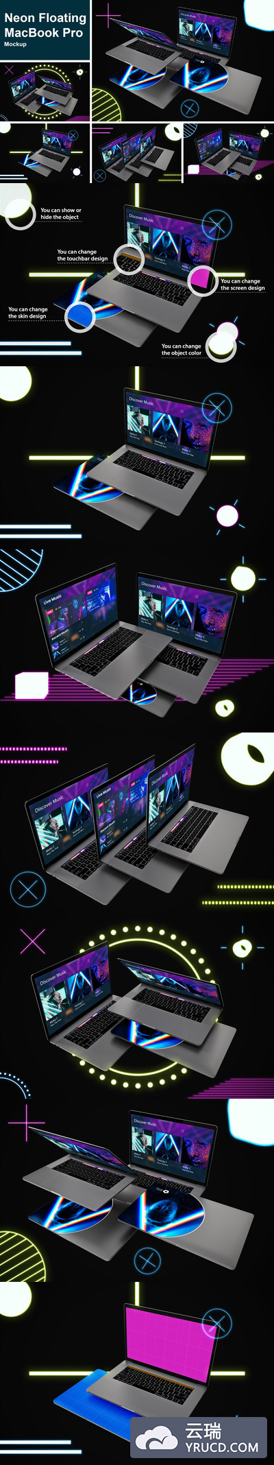 酷炫的霓虹灯效果场景的MacBook Pro电脑样机套装下载[PSD]