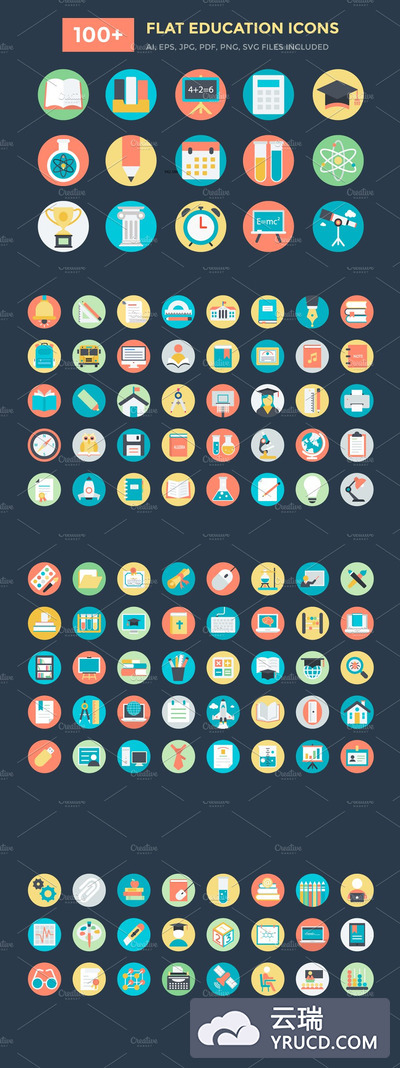 扁平化教育矢量图标 100+ Flat Education Vector Icons