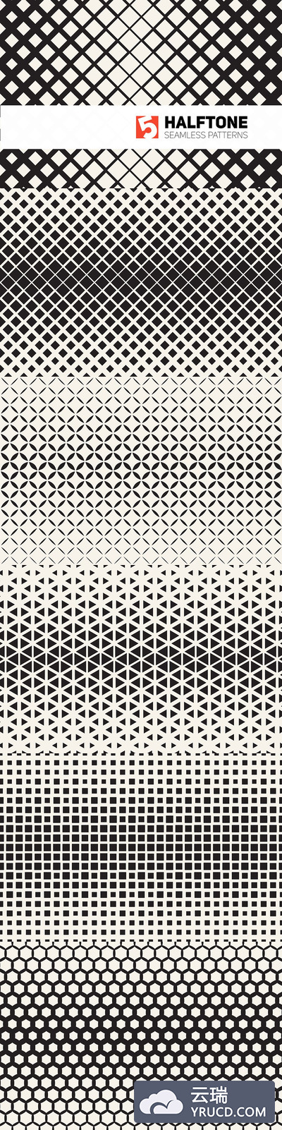 半色调无缝图案背景纹理 Five Halftone Seamless Patterns