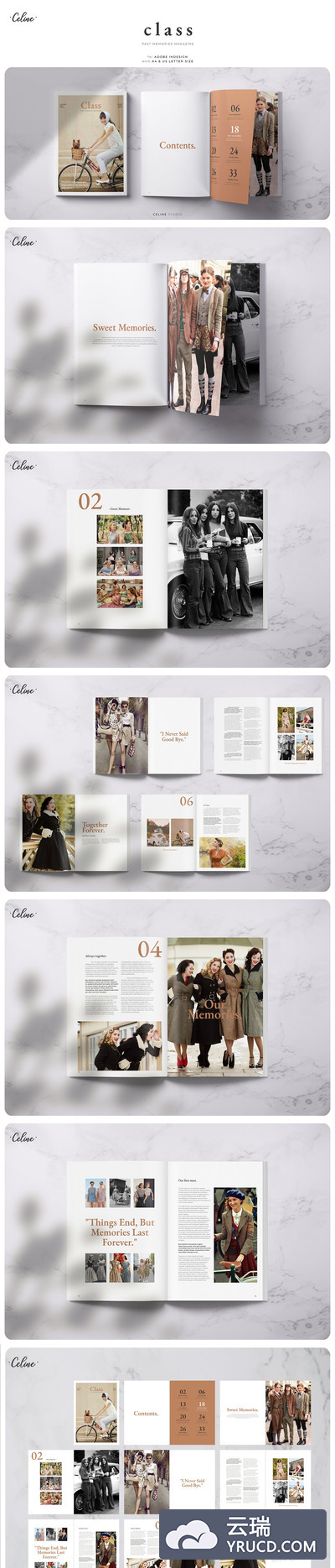 免费：复古时尚的杂志画册排版设计模板下载[indd]
