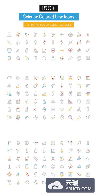 科技图标素材 150+ Science Colored Line Icons