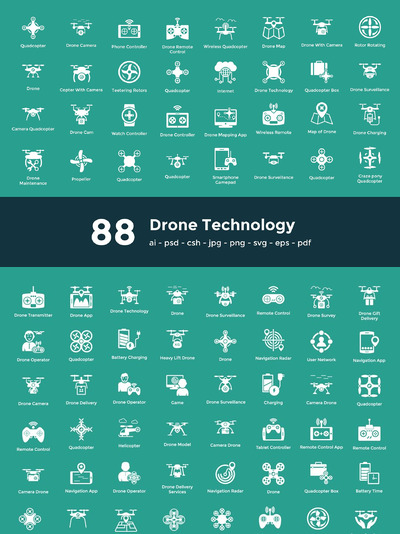 无人机技术矢量图标 88 Drone Technology Vector Icons