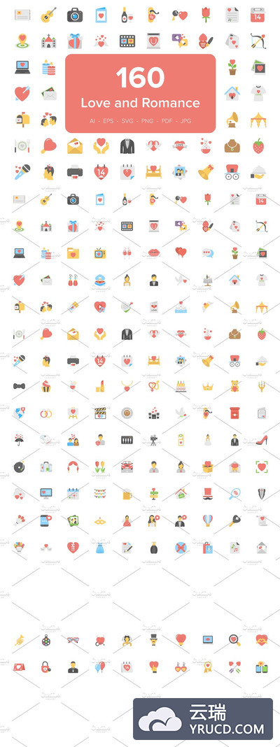 浪漫的爱情图标素材 160 Love and Romance Flat Icons