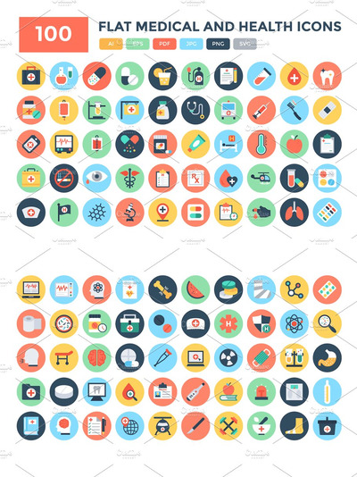 医学和健康图标素材 100 Flat Medical and Health Icons