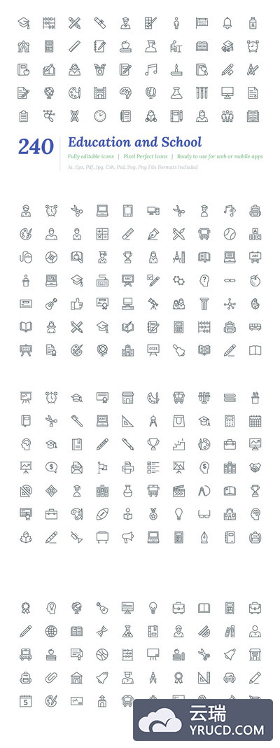 教育线型矢量图标 240 Education and School Line Icons