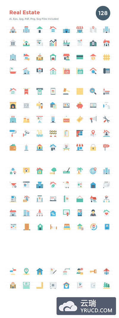 资产房产矢量图标素材 128 Flat Real Estate Icons