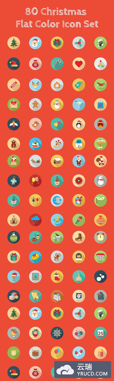 圣诞节矢量图标 80 Christmas Flat Color Icon Set