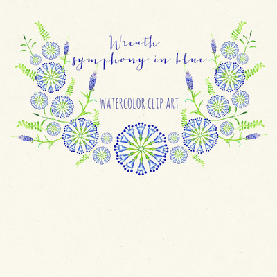 蓝色花卉素材插画 Wreath symphony in blue watercolor
