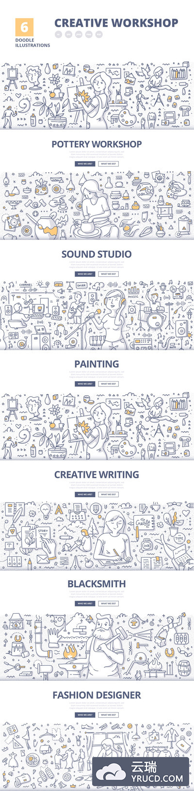 6个时尚简约手绘创意工作坊涂鸦插画概念banner插画着陆页设计模板