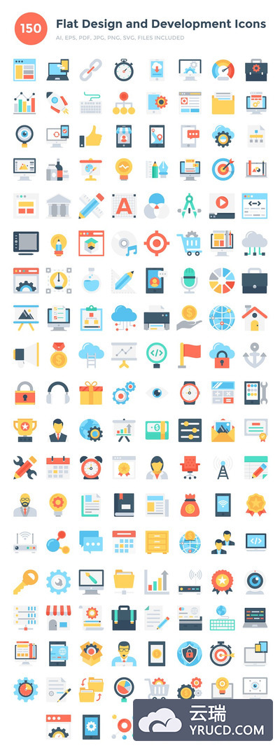 开发设计矢量图标 150 Flat Design & Development Icons