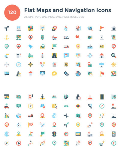 平面地图和导航图标设计 120 Flat Maps and Navigation Icons
