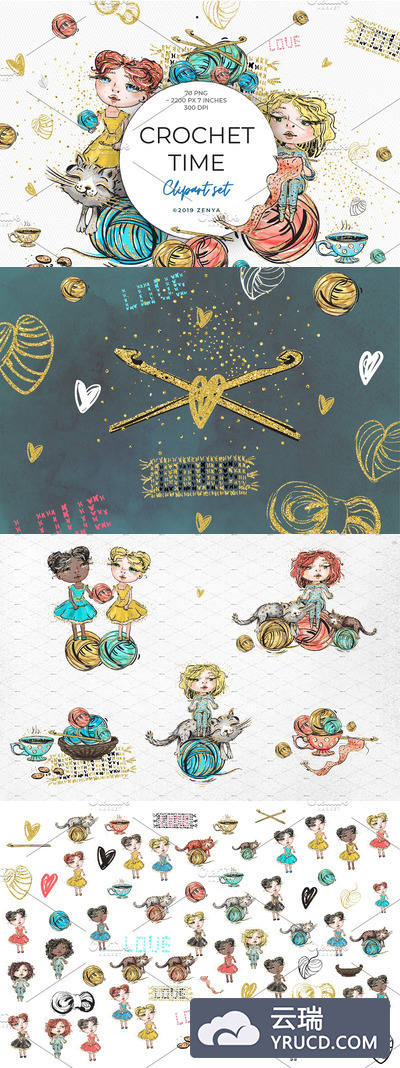 可爱的卡通女孩针织主题剪贴画合集