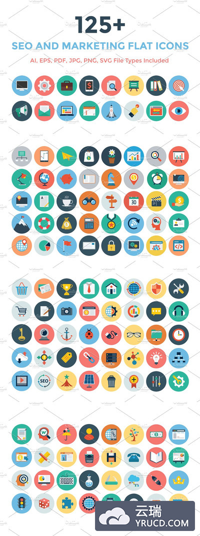 搜索引擎优化和营销平面图标下载 125+ Seo and Marketing Flat Icons