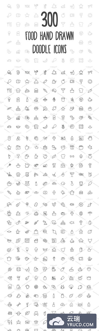 手绘美食矢量图标 300 Food Hand Drawn Doodle Icons
